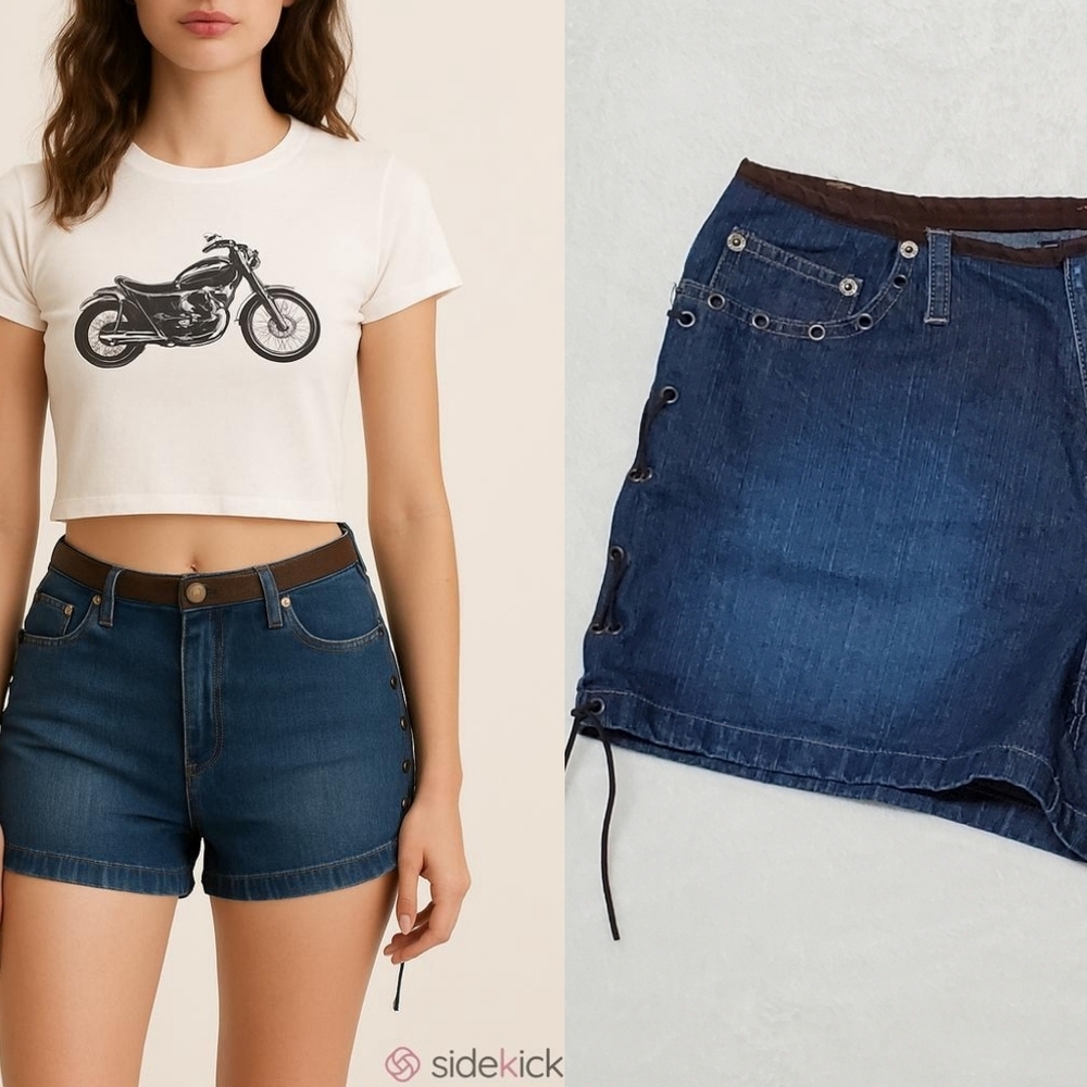 Route 66 Vintage 90s Dark Wash Low Rise Side Lace-up Faux Leather Booty Shorts
